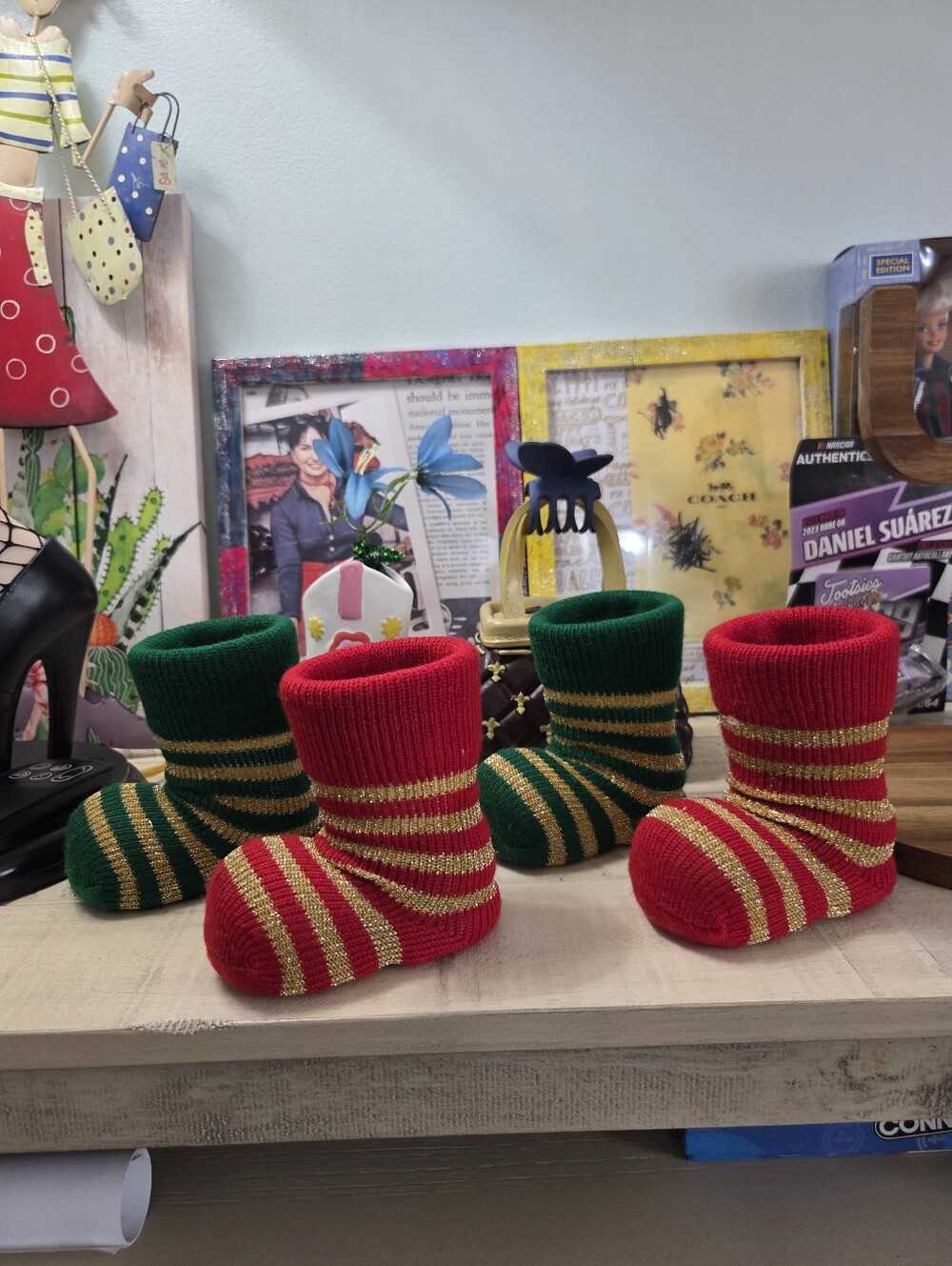 Festive Red & Green Striped Holiday Decor Set, EUC
